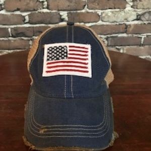 American Flag patch on distressed trucker hat